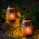 2 Pack Flickering Flame Owl Solar Lanterns for Outdoor Garden Decor Metallic Landscape Stake Lights