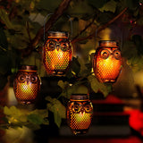2 Pack Flickering Flame Owl Solar Lanterns for Outdoor Garden Decor Metallic Landscape Stake Lights
