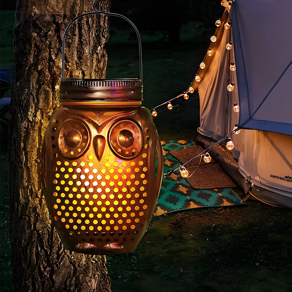 2 Pack Flickering Flame Owl Solar Lanterns for Outdoor Garden Decor Metallic Landscape Stake Lights