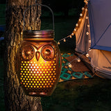 2 Pack Flickering Flame Owl Solar Lanterns for Outdoor Garden Decor Metallic Landscape Stake Lights