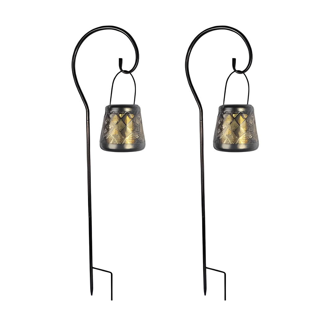 2 Pack Outdoor Solar Lanterns Retro Iron Hollow Projection Garden Lights with Decorative Handle