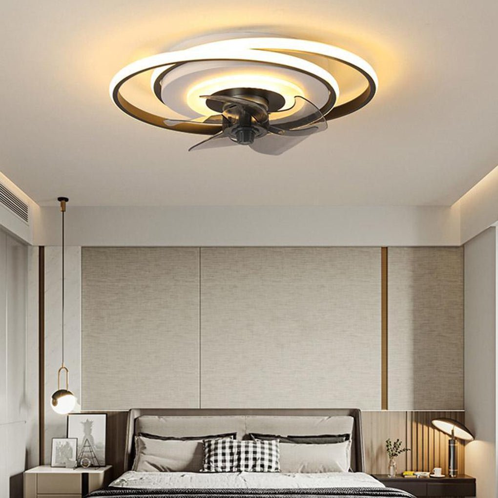 Modern 2 Ring LED Ceiling Fan with Remote Control for Kids Bedroom Flush Mount Light Fixture in Gold