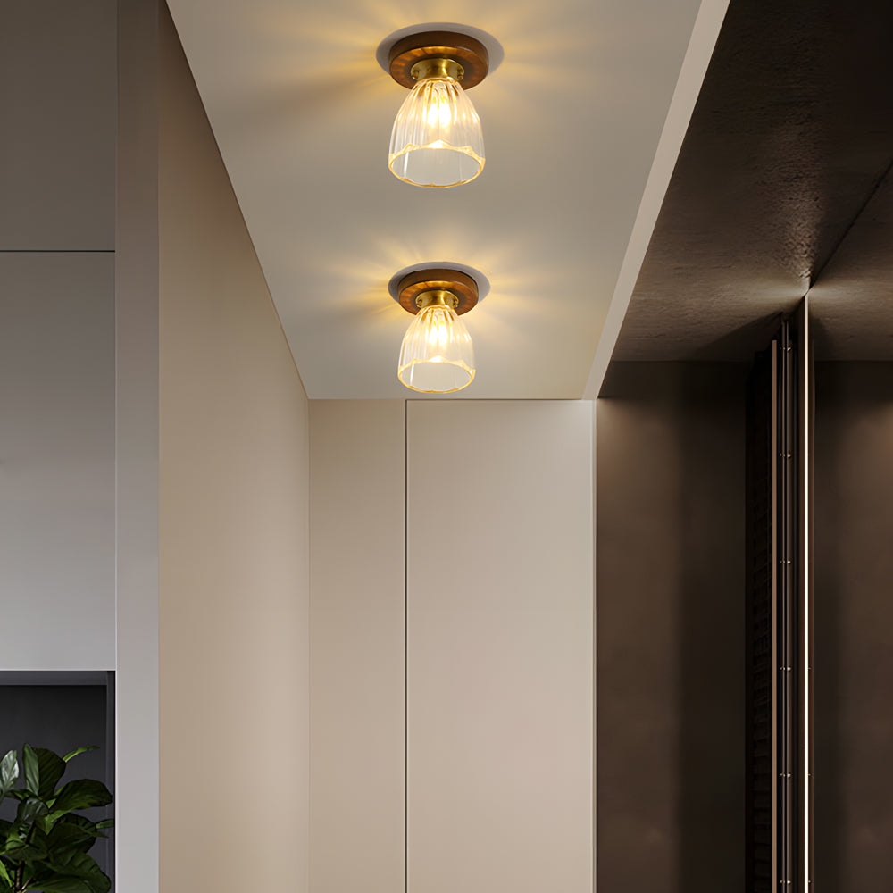 American Country Style Walnut Wood and Glass Flush Mount Ceiling Light Fixture