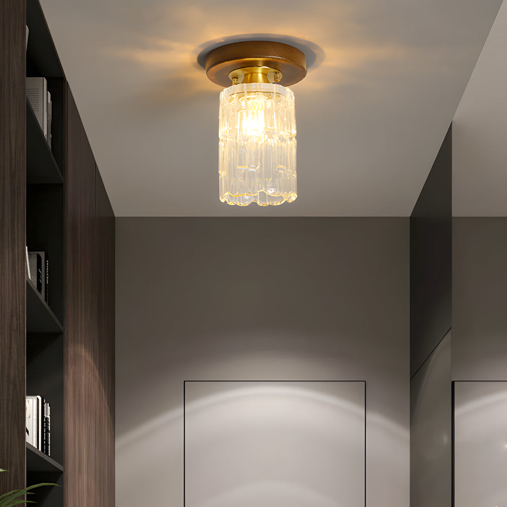 American Country Style Walnut Wood and Glass Flush Mount Ceiling Light Fixture