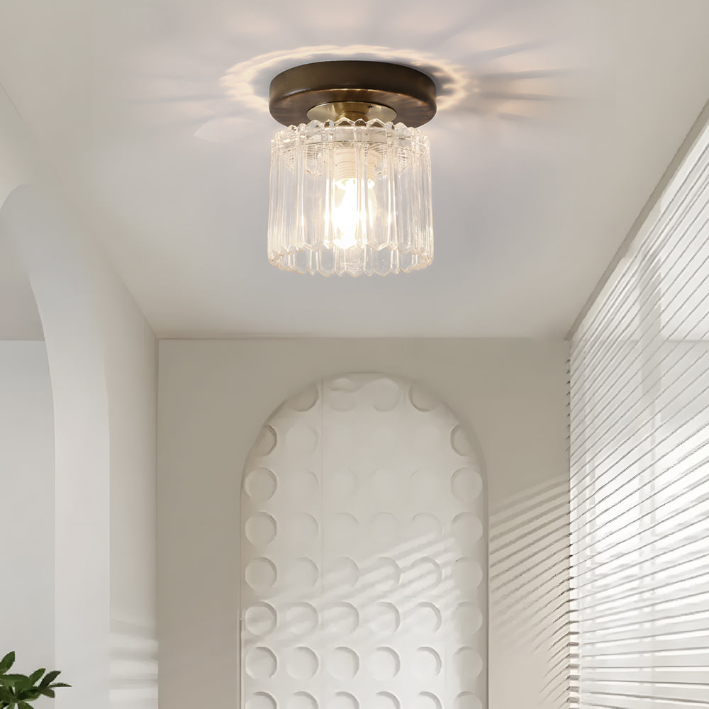 American Country Style Walnut Wood and Glass Flush Mount Ceiling Light Fixture