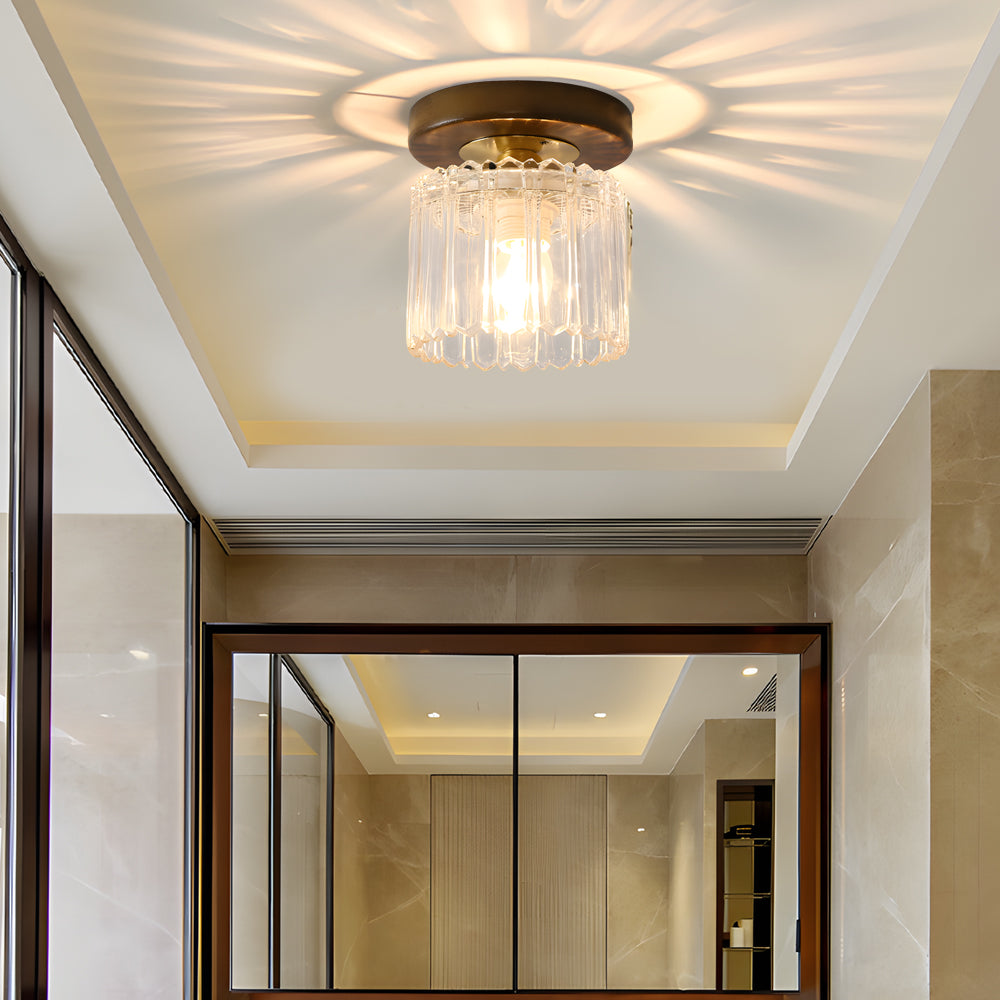 American Country Style Walnut Wood and Glass Flush Mount Ceiling Light Fixture