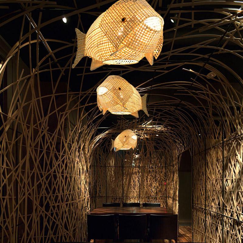 26 Inch Rustic Fish Shaped Bamboo Pendant Light Fixture for Farmhouse and Coastal Decor
