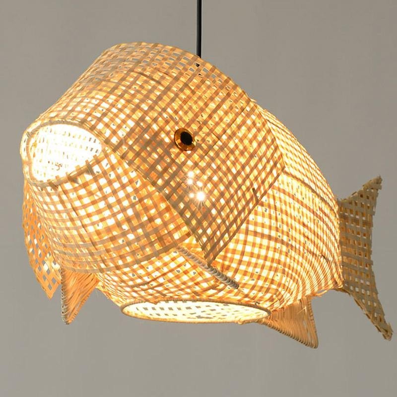 26 Inch Rustic Fish Shaped Bamboo Pendant Light Fixture for Farmhouse and Coastal Decor