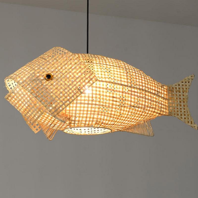 26 Inch Rustic Fish Shaped Bamboo Pendant Light Fixture for Farmhouse and Coastal Decor
