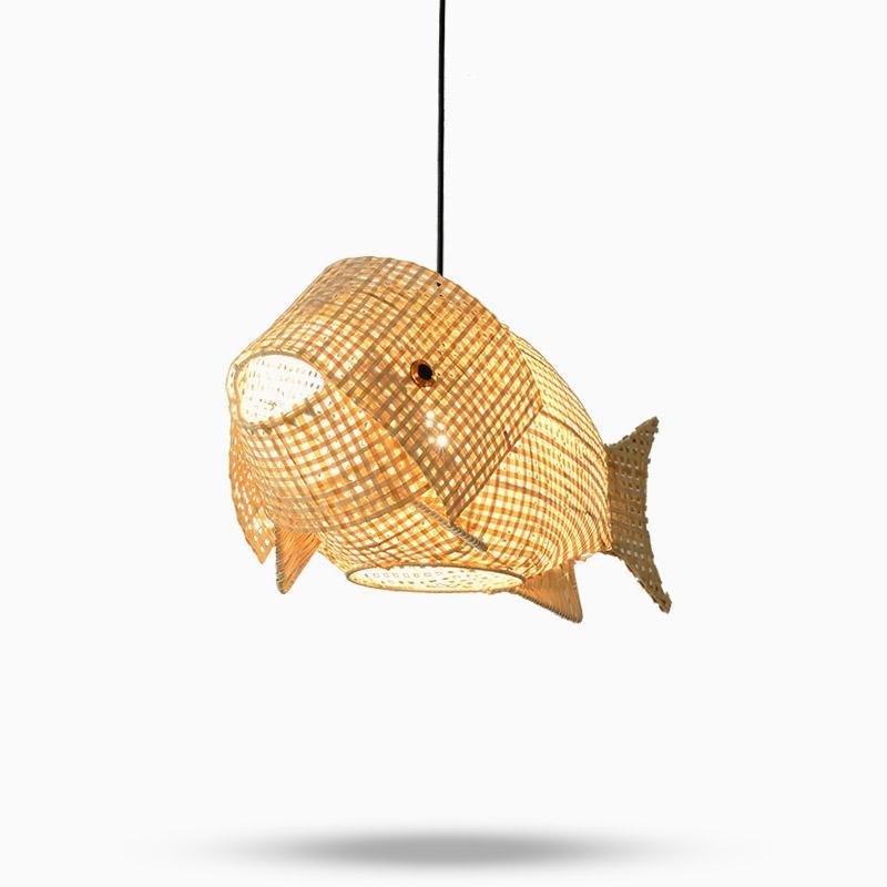 26 Inch Rustic Fish Shaped Bamboo Pendant Light Fixture for Farmhouse and Coastal Decor