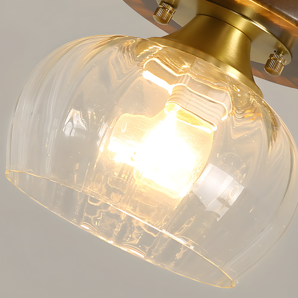 American Country Style Walnut Wood and Glass Flush Mount Ceiling Light Fixture