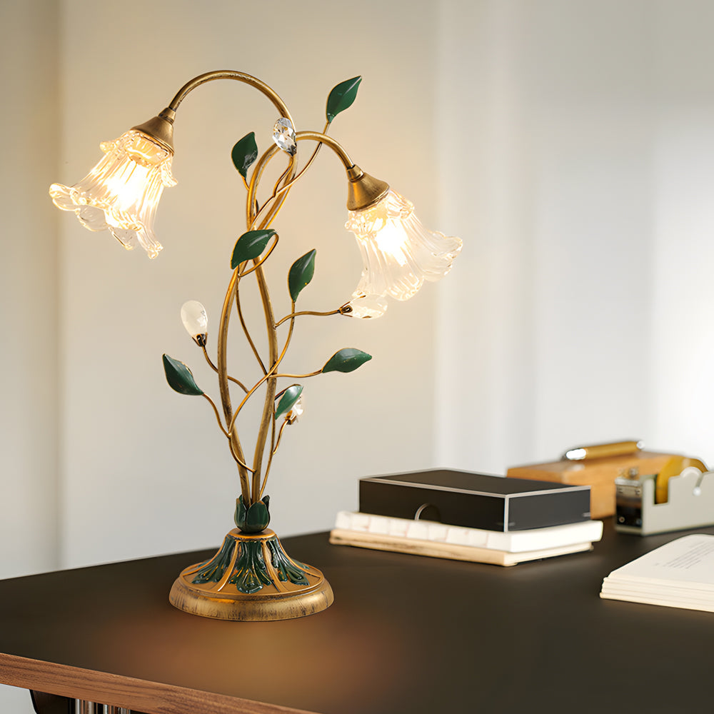 Modern Floral Desk Lamp with Dual Glass Flower Shades and Elegant Iron Leaf Accents