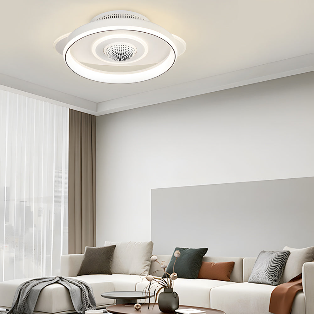 Modern Smart Bladeless Ceiling Fan with Dimmable LED Light and Air Sterilization Filter in White