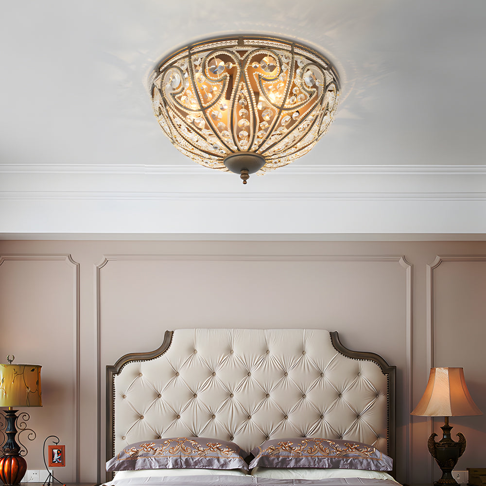Antique Bronze Roman Style Crystal Bowl Flush Mount Ceiling Light for Elegant Home Decor