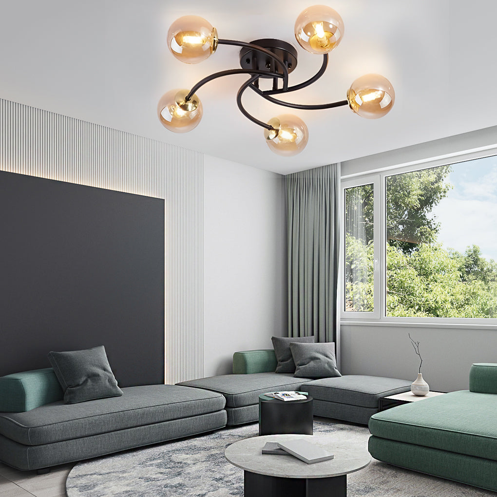 Modern Swirled Metal Flush Mount Light with Elegant Glass Globes for Ambient Bedroom Lighting