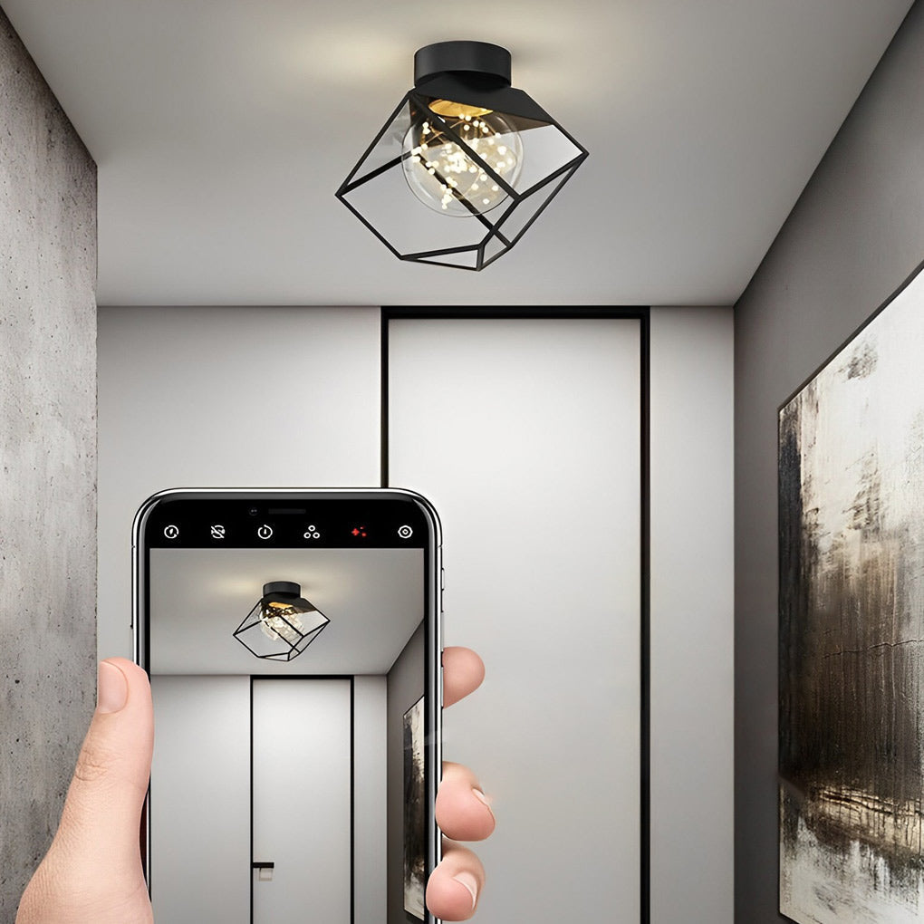 Square Black Metal and Glass Flush Mount Ceiling Lamp with 3 Step Dimmable LED Lighting