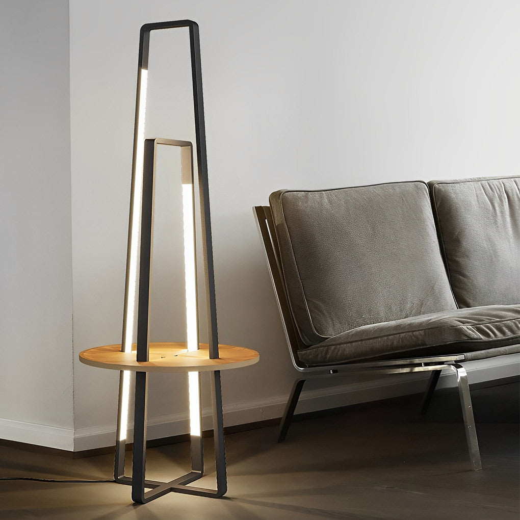 63 Inch Modern LED Tray Floor Lamp with Dimmable Lighting and Wooden Side Table for Living Room