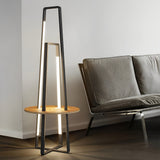 63 Inch Modern LED Tray Floor Lamp with Dimmable Lighting and Wooden Side Table for Living Room