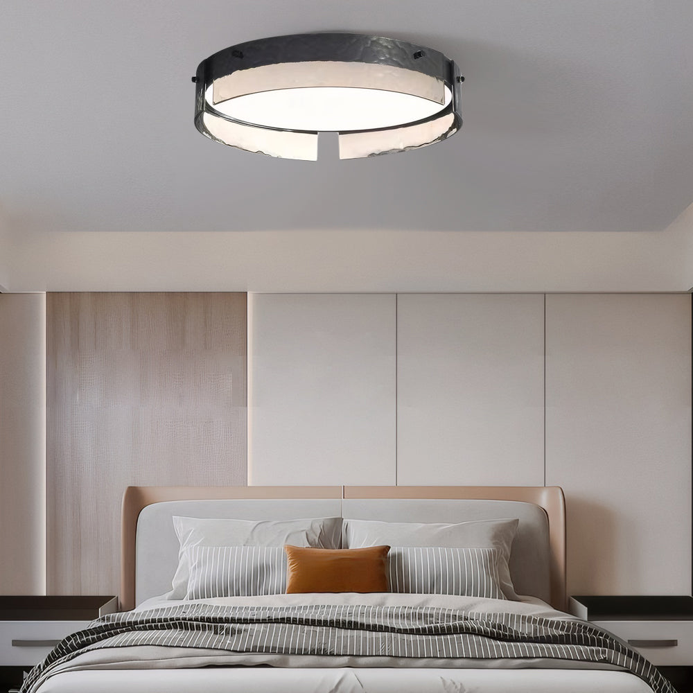 Modern Round Black Hammered Glass LED Flush Mount Ceiling Light for Bedroom