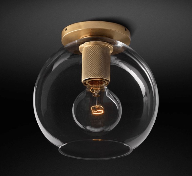 Modern Industrial Brass Flush Mount Ceiling Light with Clear Glass Shade and Knurled Detail