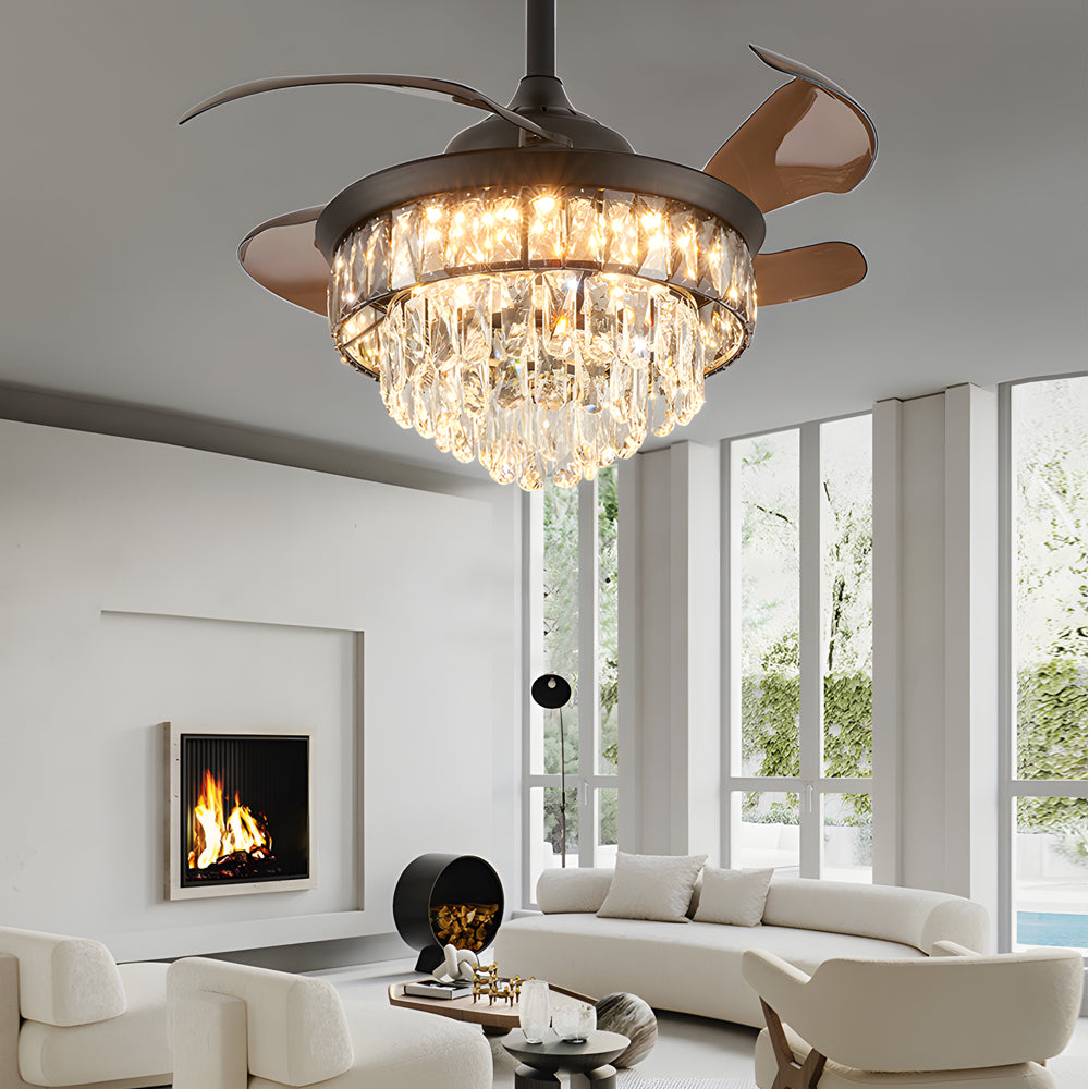 20 Inch Matte Black Crystal Fandelier Retractable Ceiling Fan with LED Lights and Remote Control