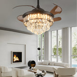 20 Inch Matte Black Crystal Fandelier Retractable Ceiling Fan with LED Lights and Remote Control