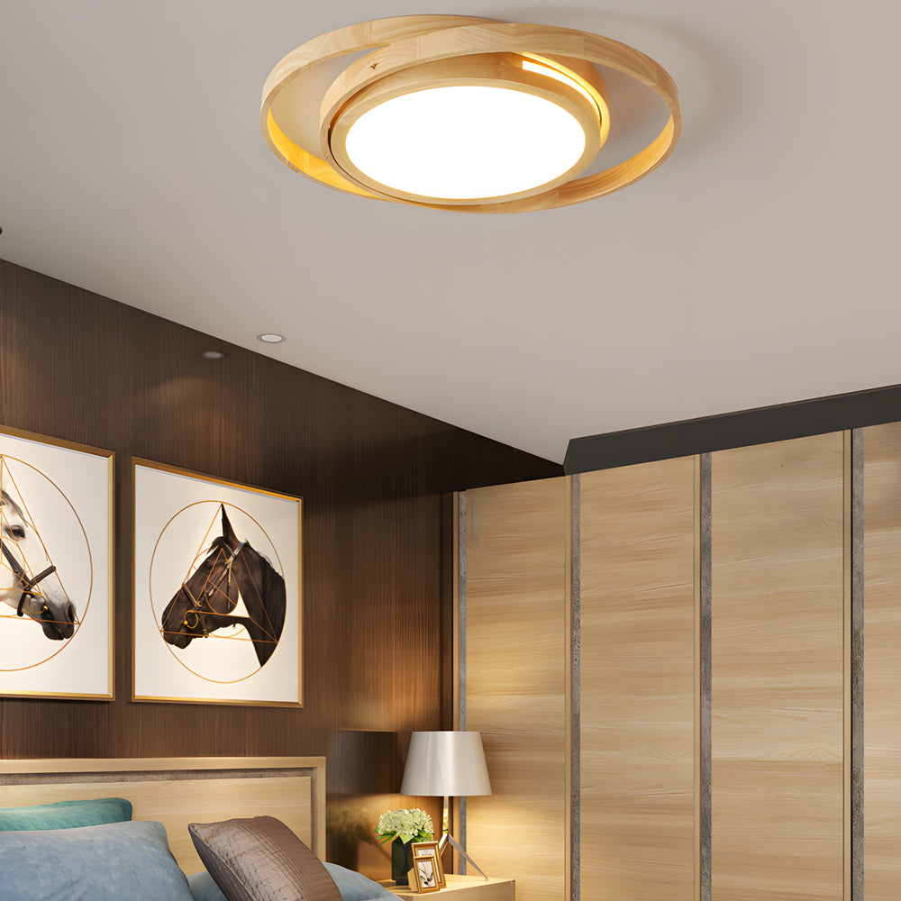 Modern Round Oak Wood LED Ceiling Light with Oval Rings Minimalist Flush Mount Fixture