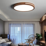 Natural Wood Round LED Ceiling Lamp Retro Dimmable Flush Mount with Remote Control