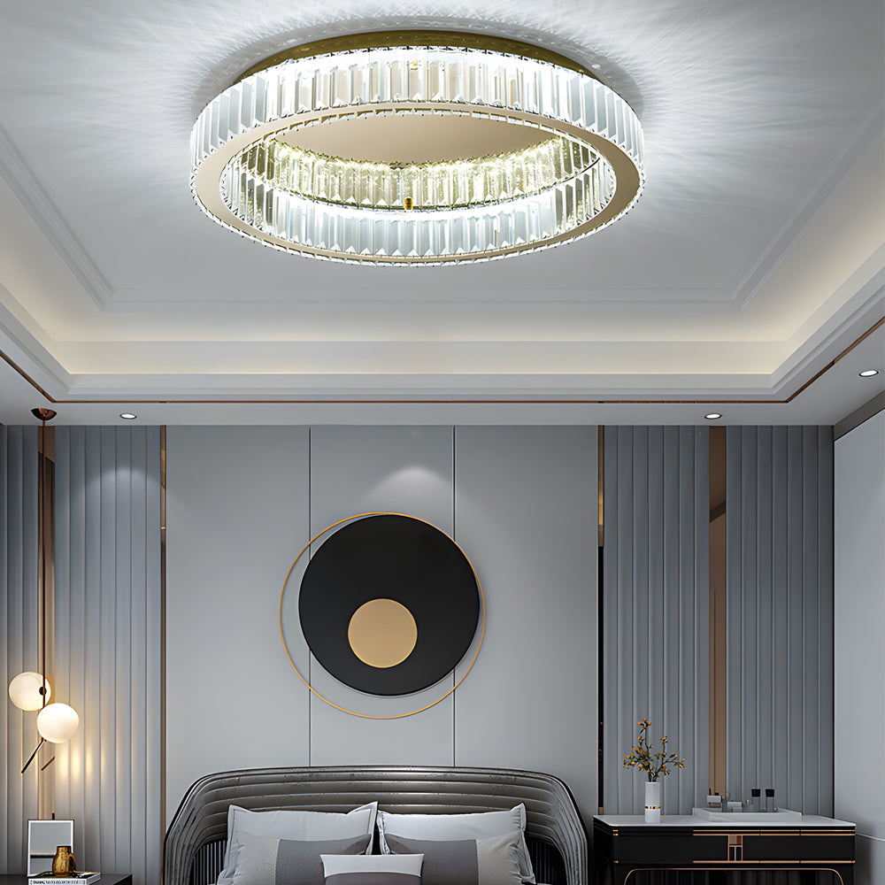 Luxury Round K9 Crystal LED Ceiling Fixture Dimmable Post Modern Flush Mount Gold Lamp