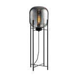 Modern Industrial Floor Lamp with Hand Blown Smoke Glass Shade and Black Metal Frame
