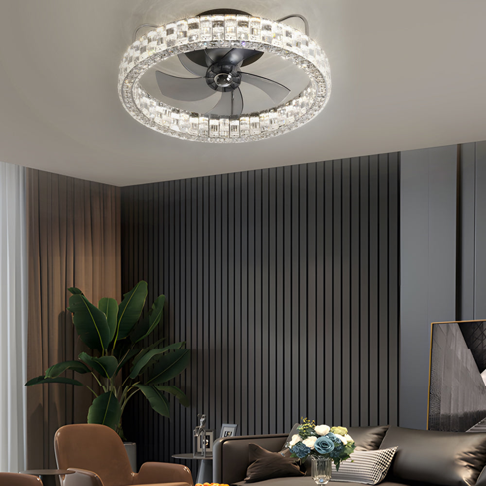 Modern 23.6 Inch Crystal Flush Mount Ceiling Fan with Dimmable LED and Remote Control Black Finish