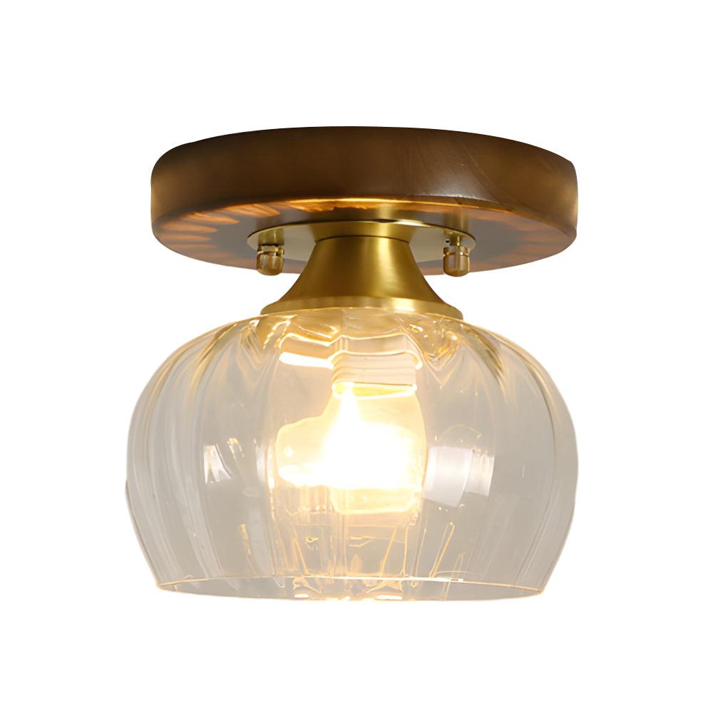 American Country Style Walnut Wood and Glass Flush Mount Ceiling Light Fixture