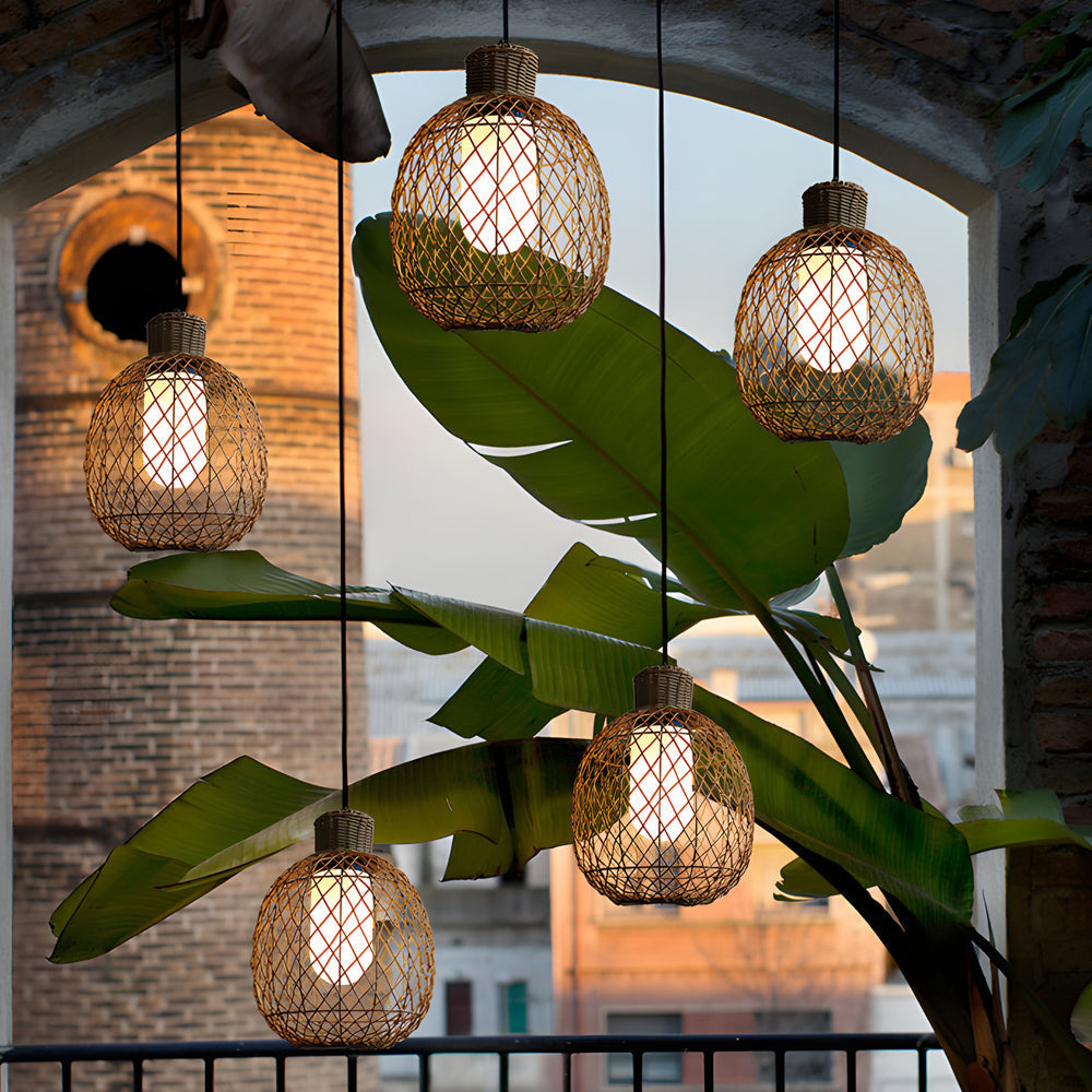 Rustic Modern Outdoor Rattan Pendant Light 10W LED Waterproof Ceiling Hanging Lantern for Garden and Porch