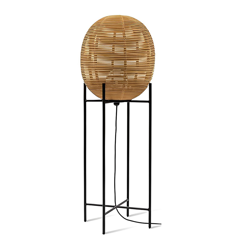 Farmhouse Rustic Rattan Standing Floor Lamp with Black Metal Base and Woven Shade for Living Room