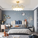 Modern Gold Crystal Crown LED Ceiling Lamp with Starry Sky Projection and 3 Step Dimming