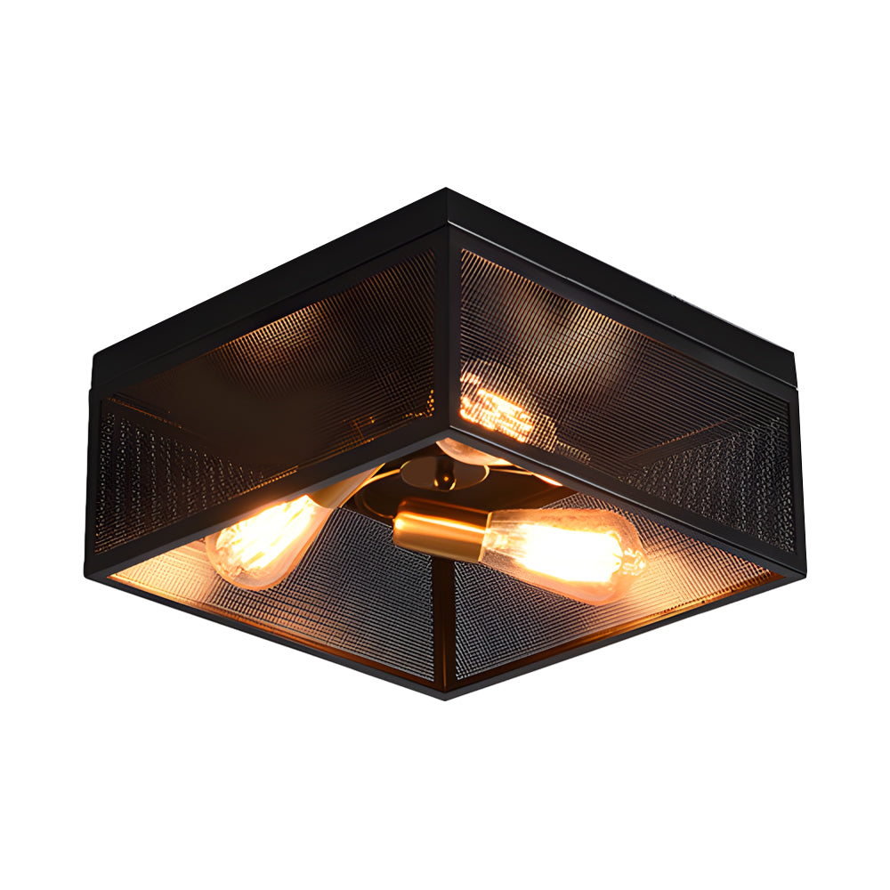 Industrial Square Metal Ceiling Lamp Rustic Black Iron Frame Flush Mount Light for Farmhouse Bedroom and Entryway