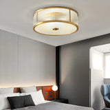 Modern Gold Drum Flush Mount Ceiling Light with Ribbed Glass Shade for Living Room and Bedroom