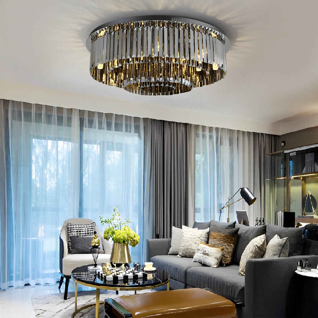Modern Smoke Gray Crystal Strip Tiered Ceiling Lamp with Three Step Dimming LED Flush Mount