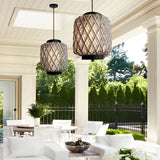 Hand Woven Rattan Outdoor Chandelier Waterproof Rustic Hanging Pendant Light for Garden Patio Yard