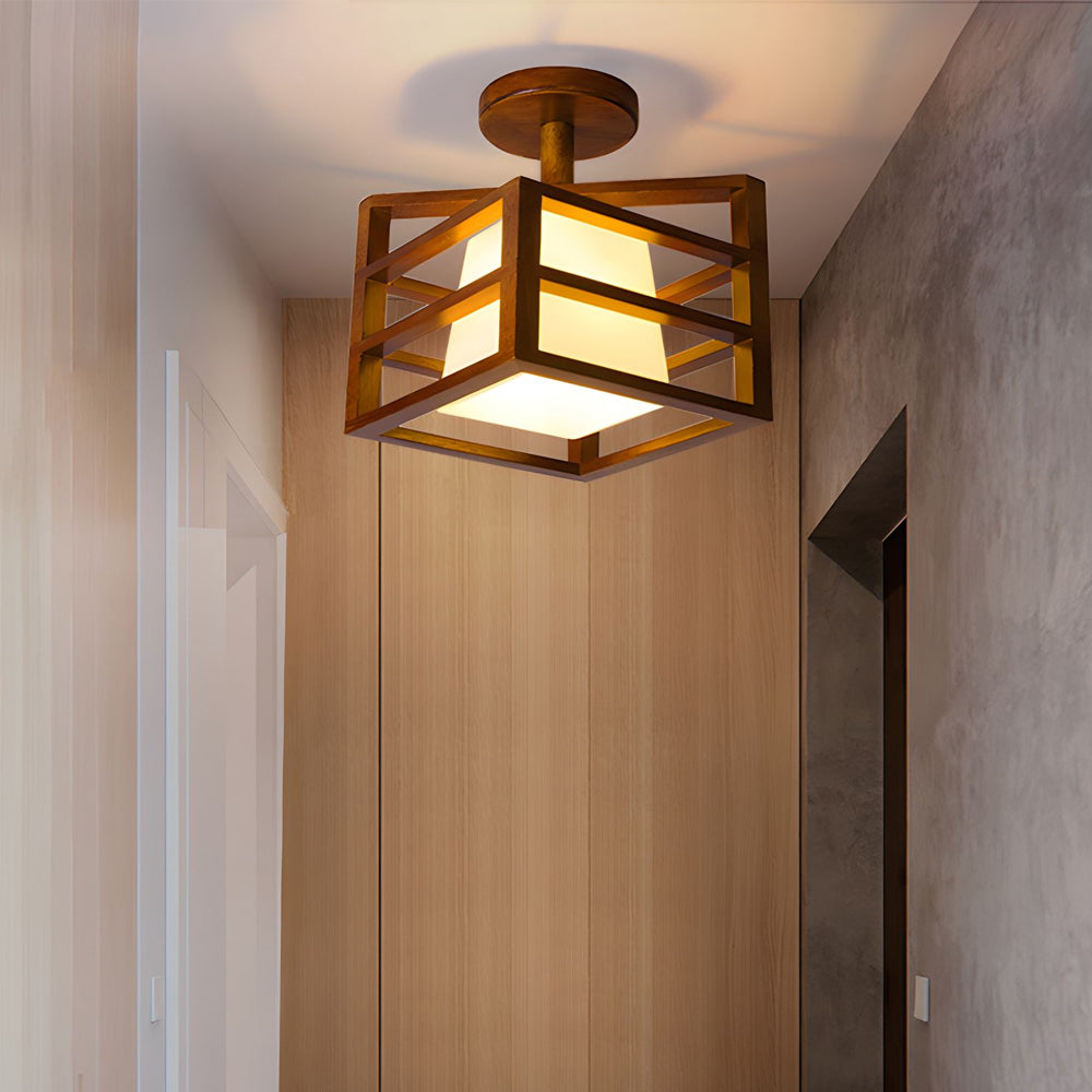 Modern Walnut Wood Cube Semi Flush Mount Ceiling Light with White Glass Shade