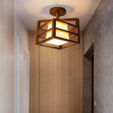 Modern Walnut Wood Cube Semi Flush Mount Ceiling Light with White Glass Shade