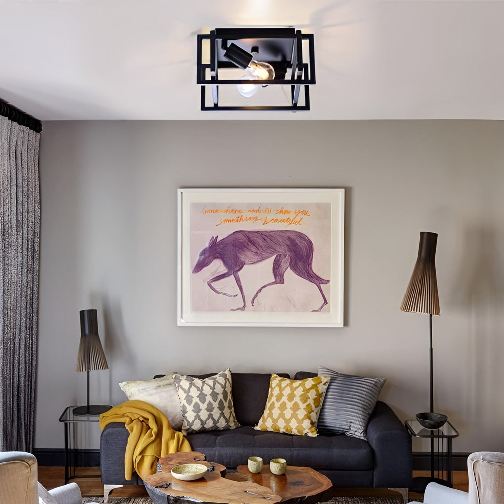 Modern Industrial Square Iron Lantern Flush Mount Ceiling Light Metal Cage Fixture in Black