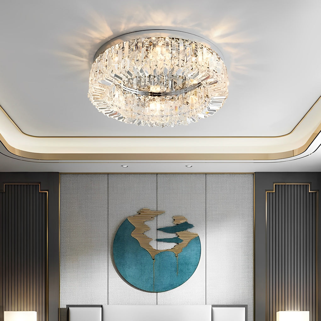 Luxury Modern Round Crystal Drum Flush Mount Ceiling Light for Bedroom and Living Room