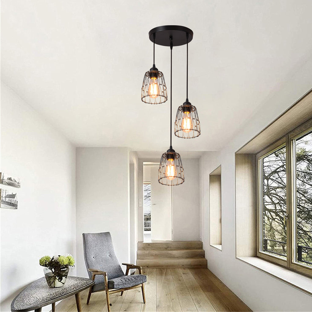 3 Light Adjustable Iron Cage Pendant Light Retro Industrial Chandelier for Kitchen Island