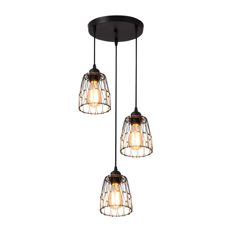 3 Light Adjustable Iron Cage Pendant Light Retro Industrial Chandelier for Kitchen Island