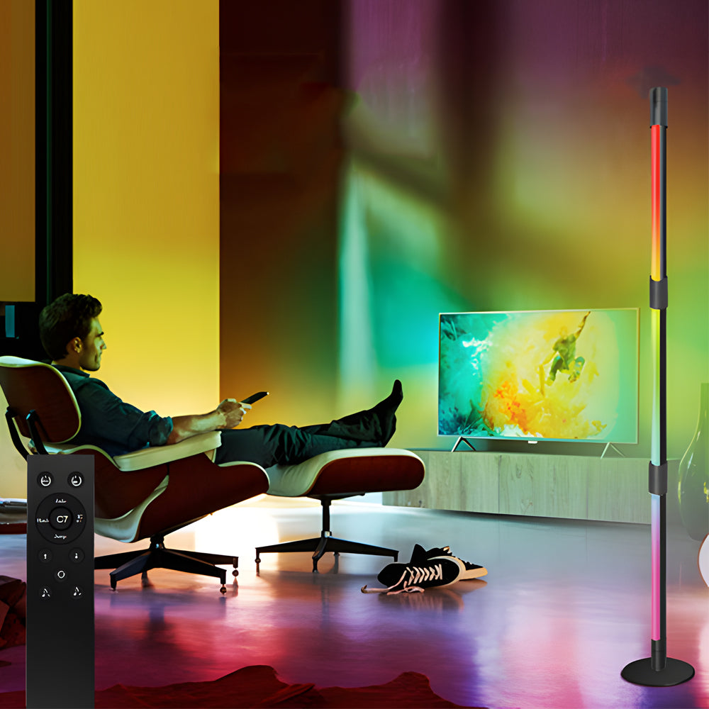 Modern RGB LED Rotating Floor Lamp with Integrated Spotlight and Remote Control for Ambient Lighting