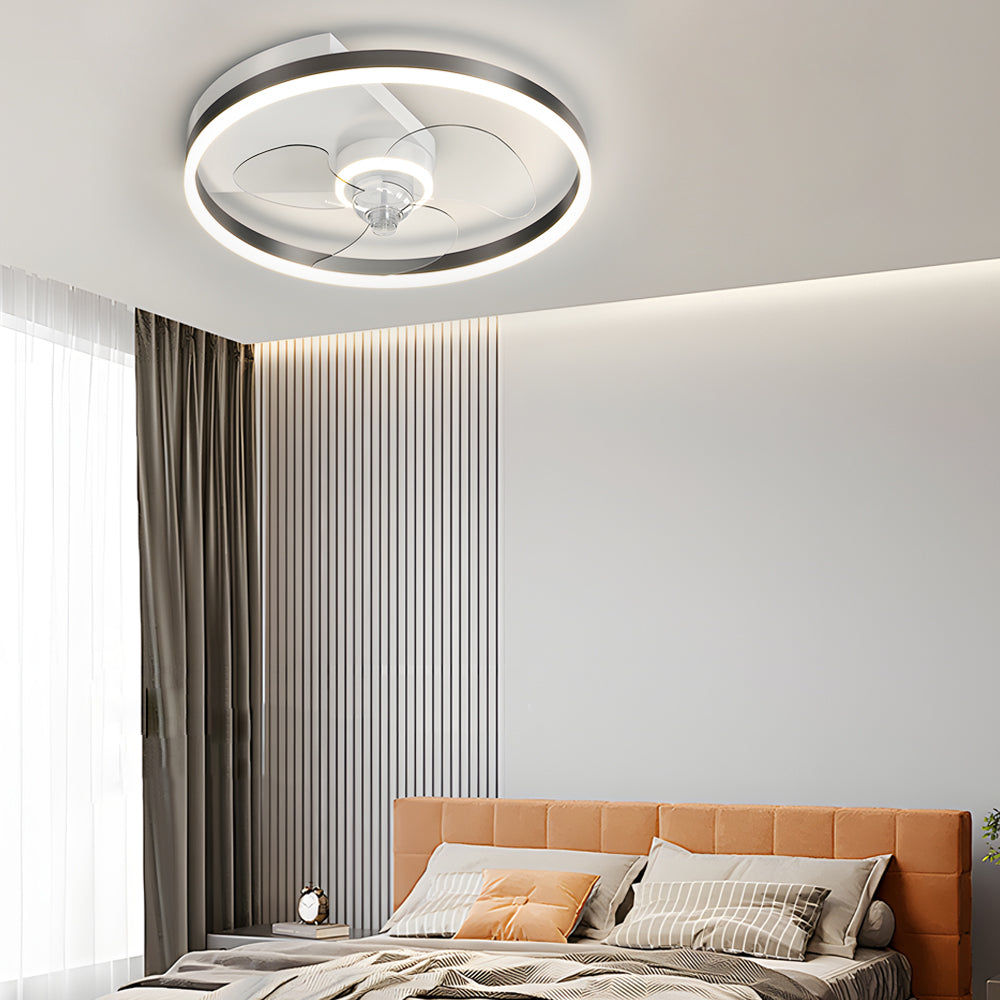 Modern Round Flush Mount Ceiling Fan with Silent LED Light and Three Step Dimming Design