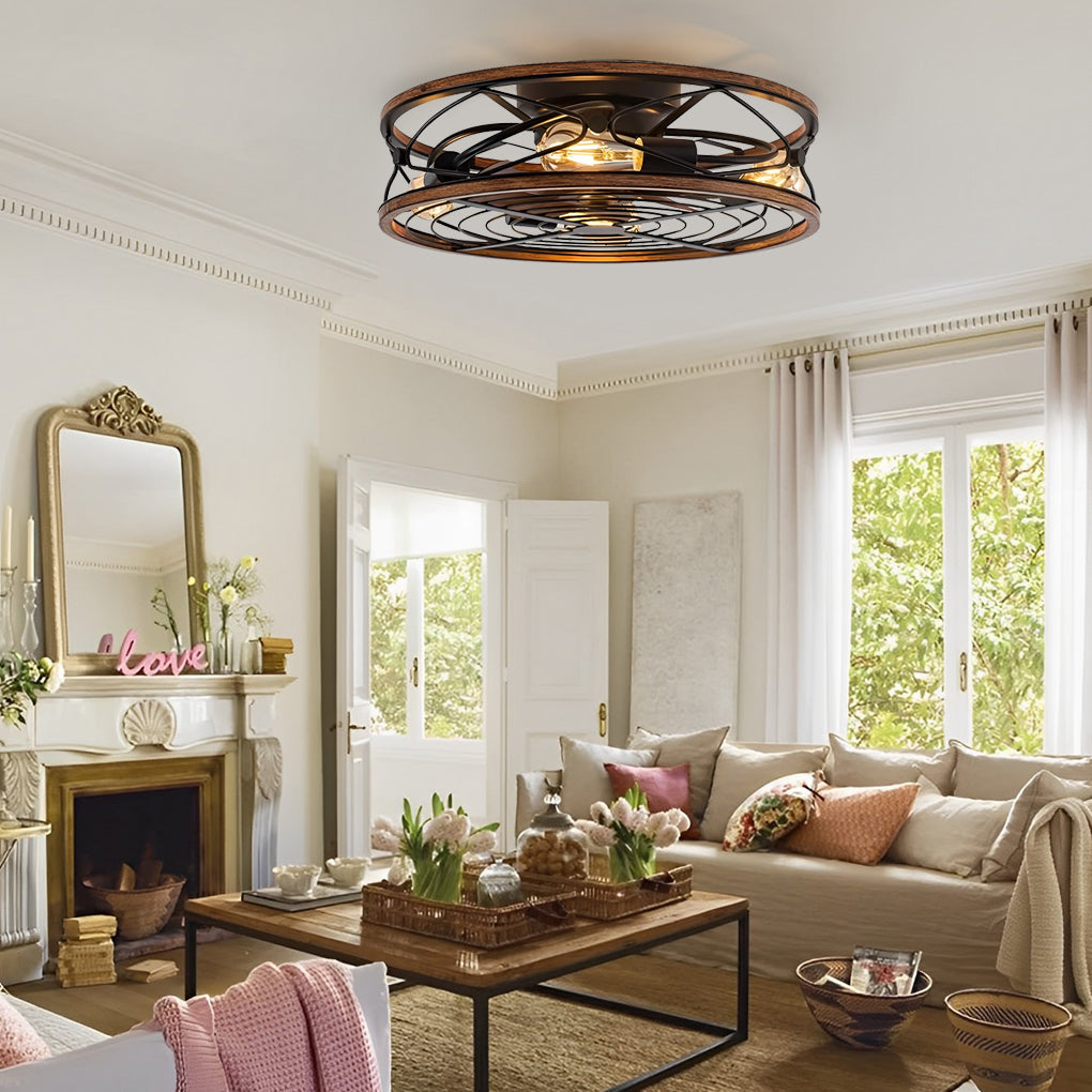Industrial Metal Bladeless Ceiling Fan with Light Silent Low Profile Flush Mount Cage Fan Lamp