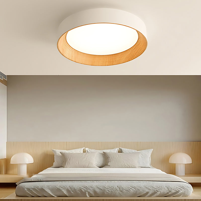 Modern Wood Grain Round LED Ceiling Light Iron 3 Step Dimming Flush Mount Fixture