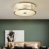 Modern Gold Drum Flush Mount Ceiling Light with Ribbed Glass Shade for Living Room and Bedroom